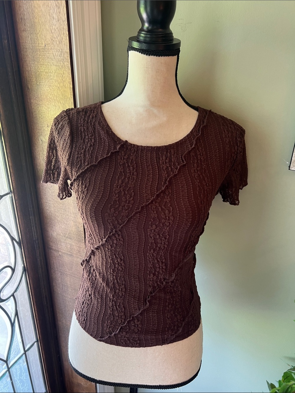 Textured Brown Short Sleeve Lace-Effect Tee
